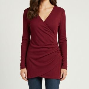 Burgundy Ribbed Faux-Wrap Long Sleeve Tunic Top - Size Medium
